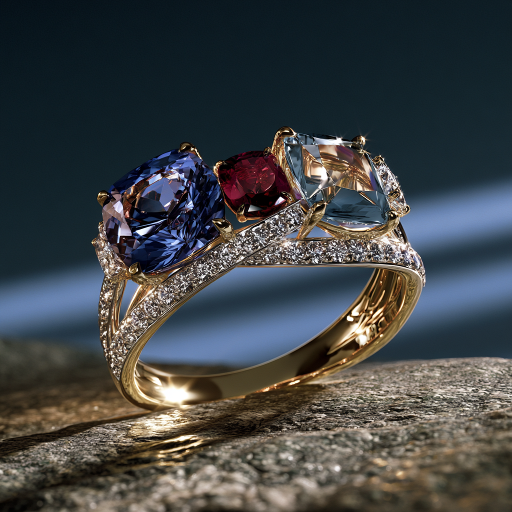 Sapphire ruby aquamarine trilogy ring, Syna Jewellery Brisbane