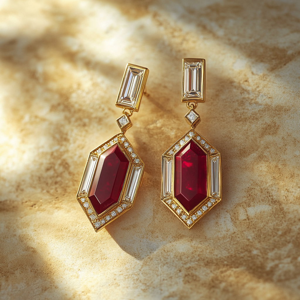 Ruby baguette diamond drop earrings, Syna Jewellery Brisbane