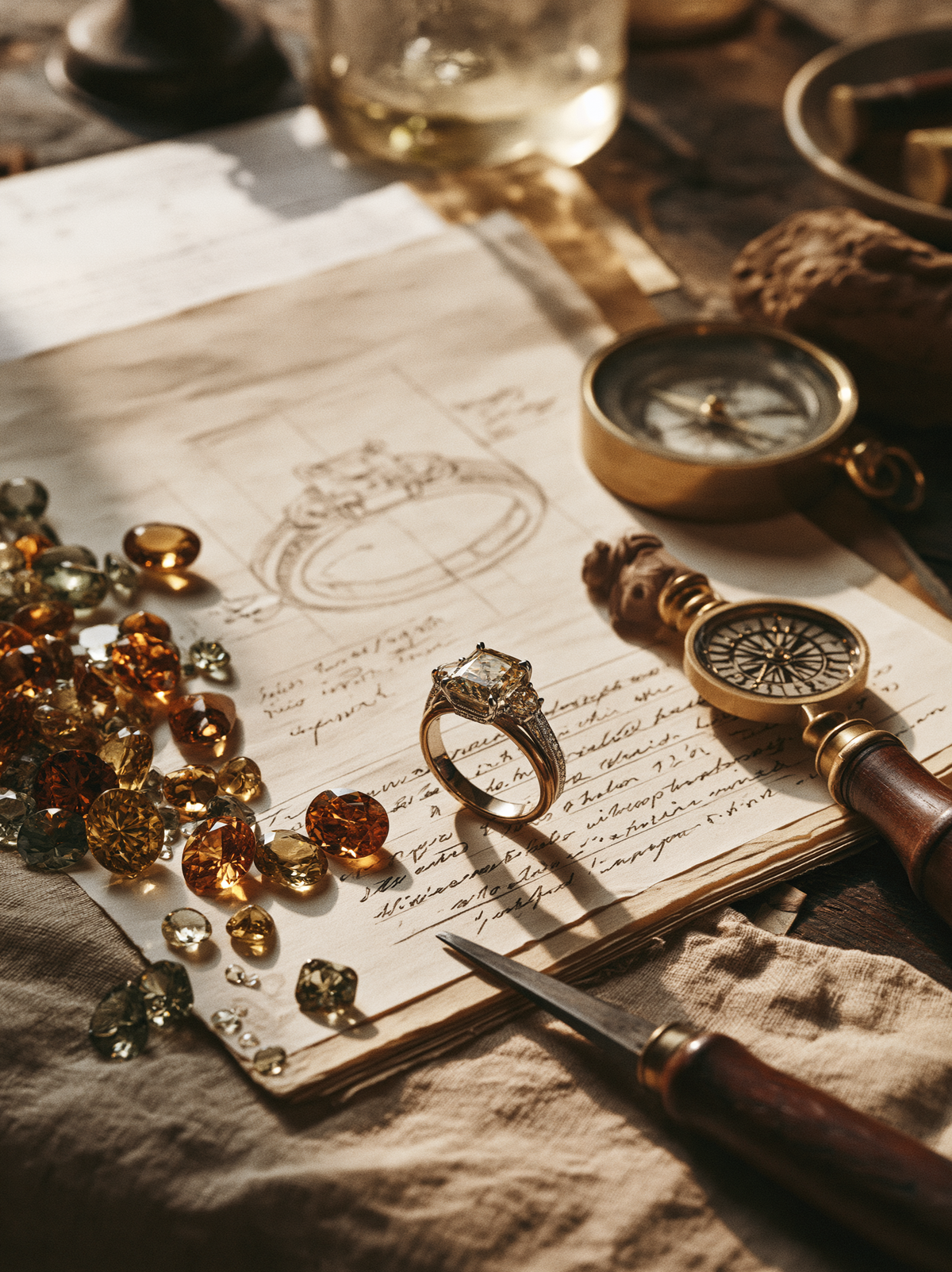 Bespoke jewellery design process — gemstones and hand-drawn ring sketch, Syna Jewellery Brisbane