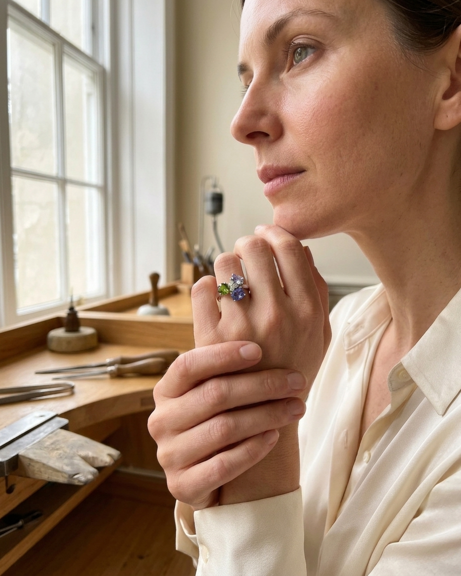Bespoke multi-gemstone ring handcrafted by Syna Jewellery, Brisbane