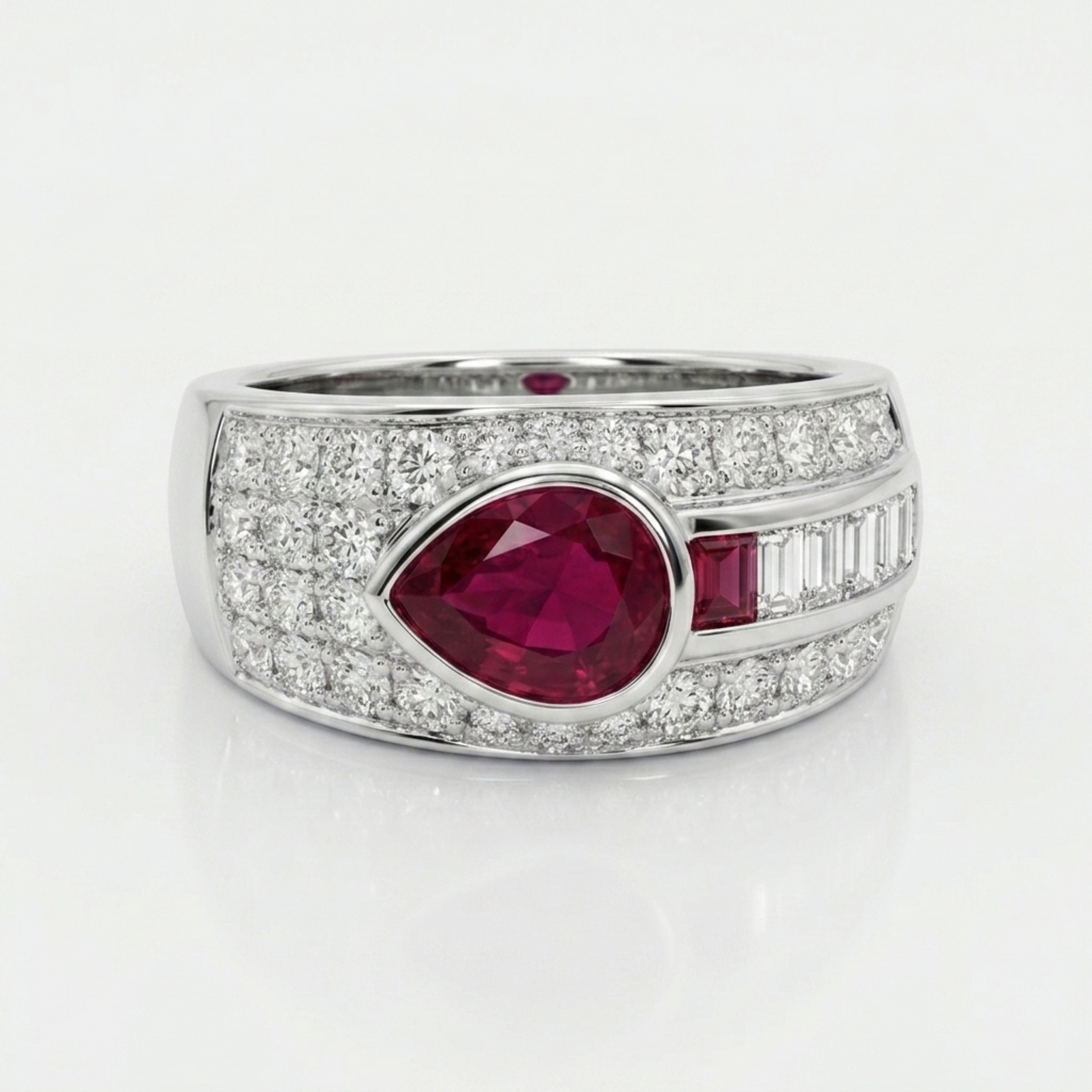 Bespoke 18ct white gold ring with a pear-cut ruby and diamonds, remodelled by Syna Jewellery using the client’s own gold and gemstones