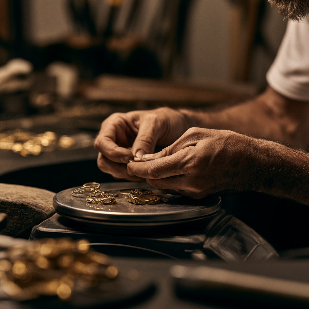 Jewellery repair bench with professional tools restoring a gold ring; close‑up of precise soldering work, polished metal surface, and secure stone setting