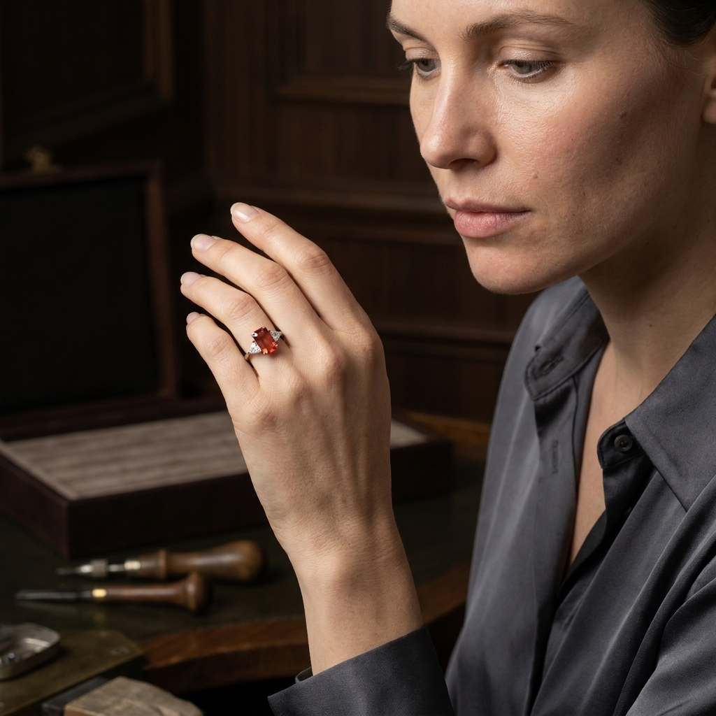 Orange sapphire and diamond ring, bespoke design by Syna Jewellery