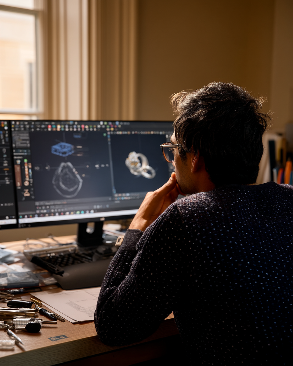Master jeweller Farid designing a bespoke ring using CAD software at the Syna Jewellery Brisbane workshop