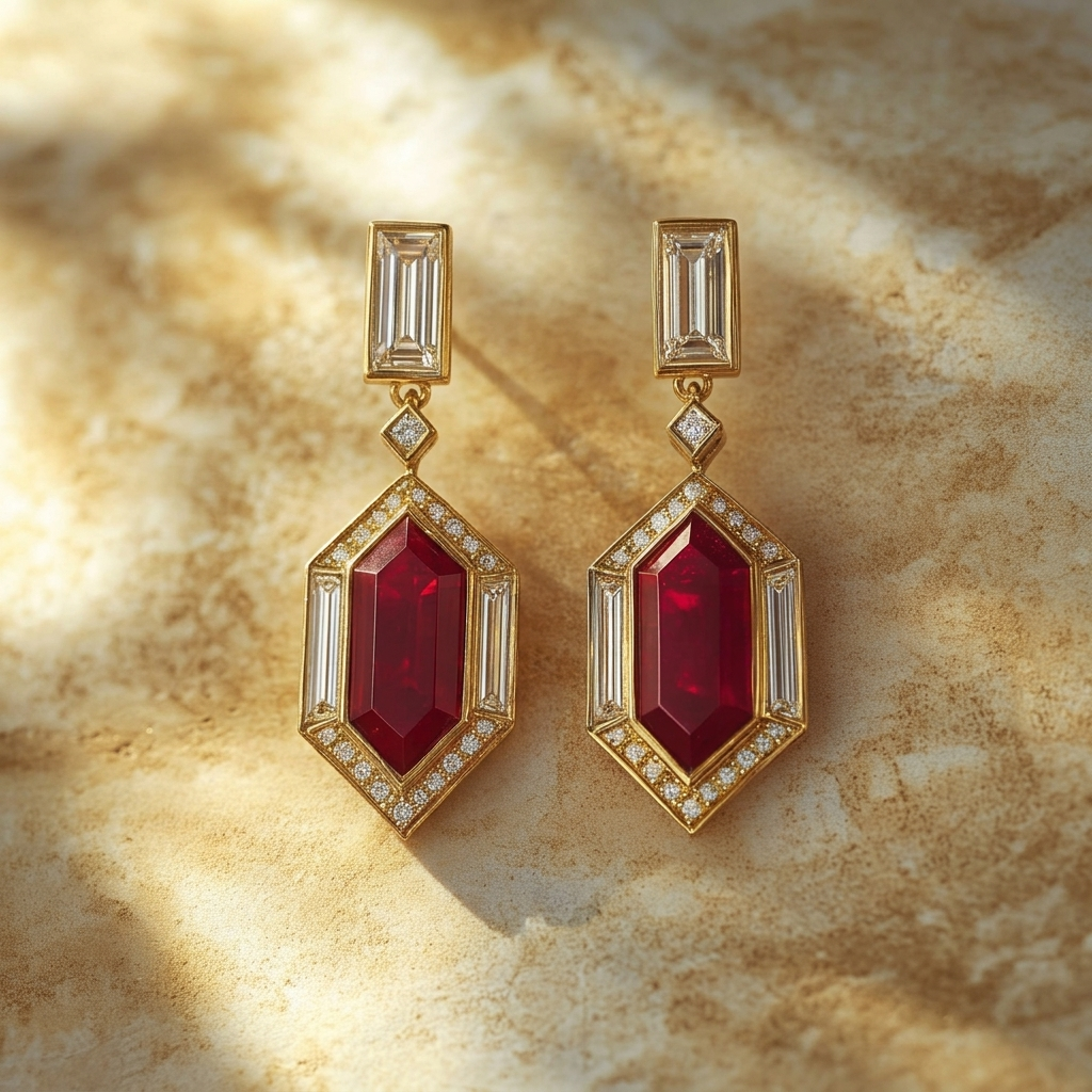 Aurelia bespoke gemstone drop earrings with red centre gemstones and geometric accents by Syna Jewellery