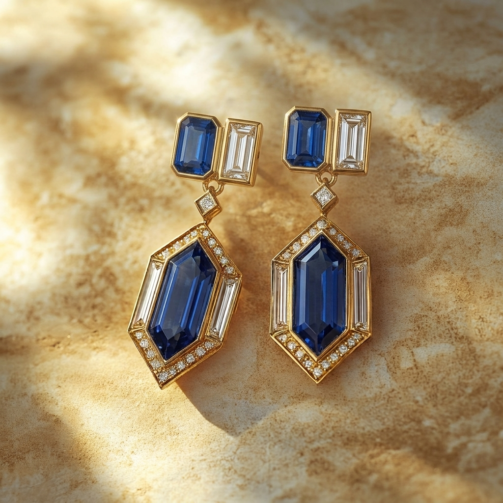 Aurelia bespoke gemstone drop earrings with blue centre gemstones and geometric accents by Syna Jewellery