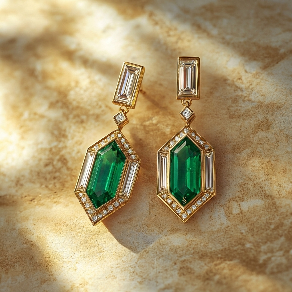 Aurelia bespoke gemstone drop earrings with green centre gemstones in yellow gold by Syna Jewellery