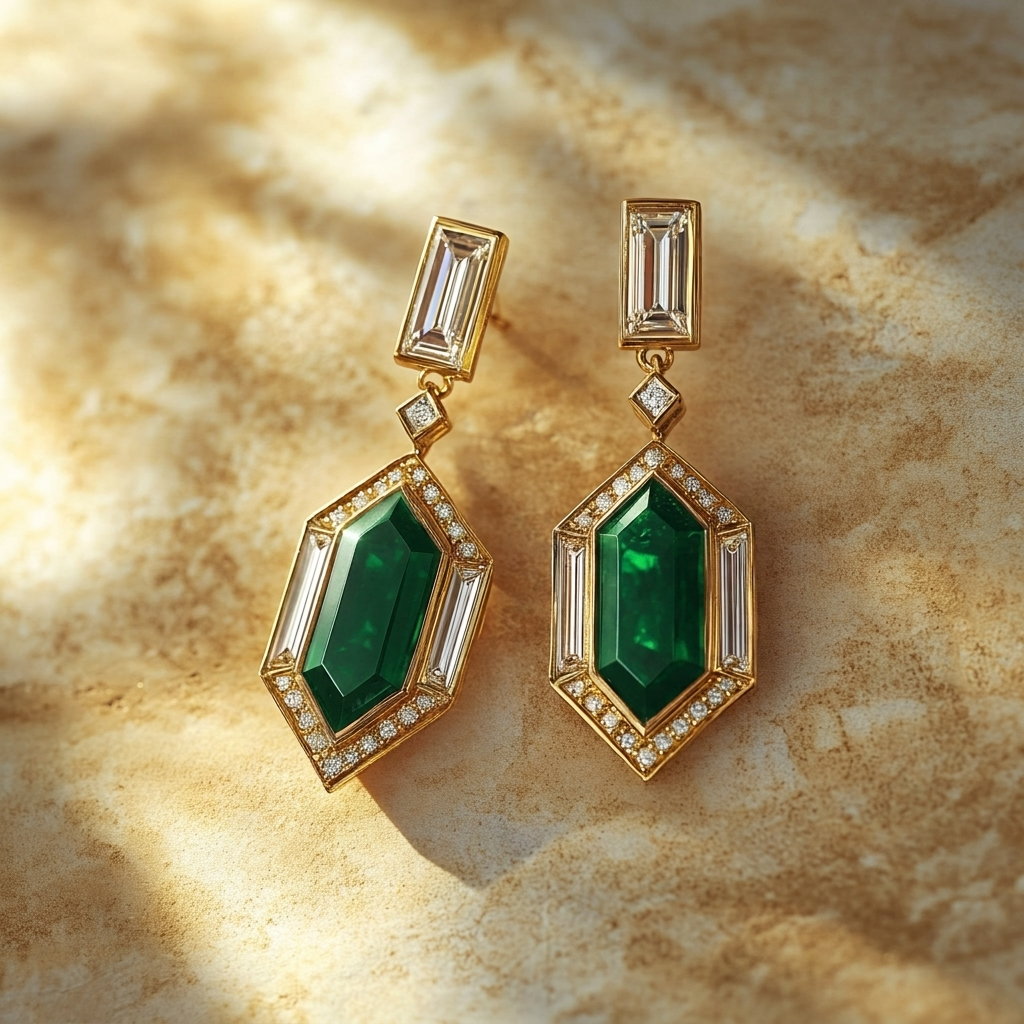 Aurelia bespoke gemstone drop earrings with green centre gemstones in yellow gold by Syna Jewellery