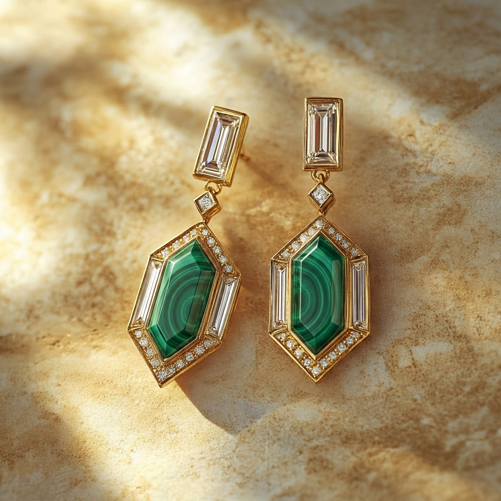 Aurelia bespoke gemstone drop earrings with green centre gemstones in yellow gold by Syna Jewellery