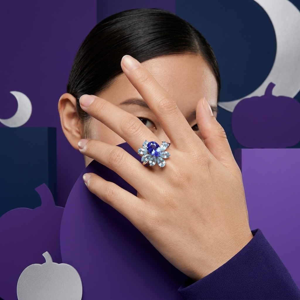 Celeste bespoke gemstone cluster ring with vivid blue oval centre stone and pear-cut light blue gemstones, handcrafted by Syna Jewellery