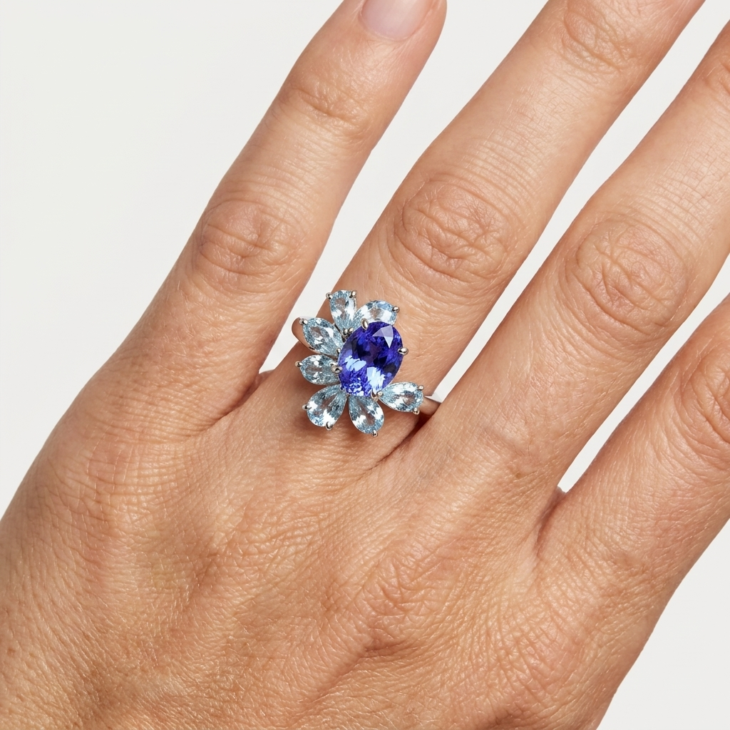 Celeste bespoke gemstone cluster ring with vivid blue oval centre stone and pear-cut light blue gemstones, handcrafted by Syna Jewellery