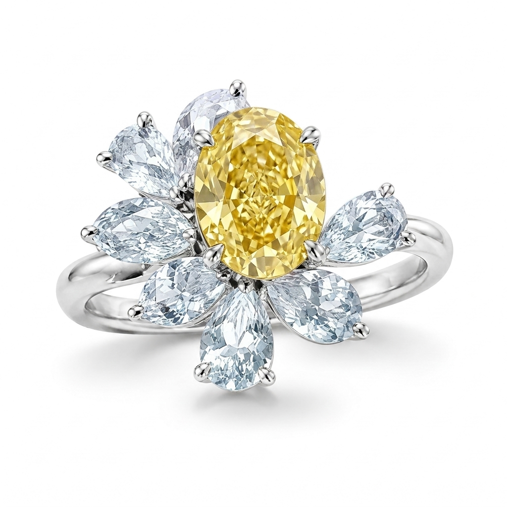 Celeste bespoke gemstone cluster ring with oval centre stone and pear-cut accent gemstones by Syna Jewellery