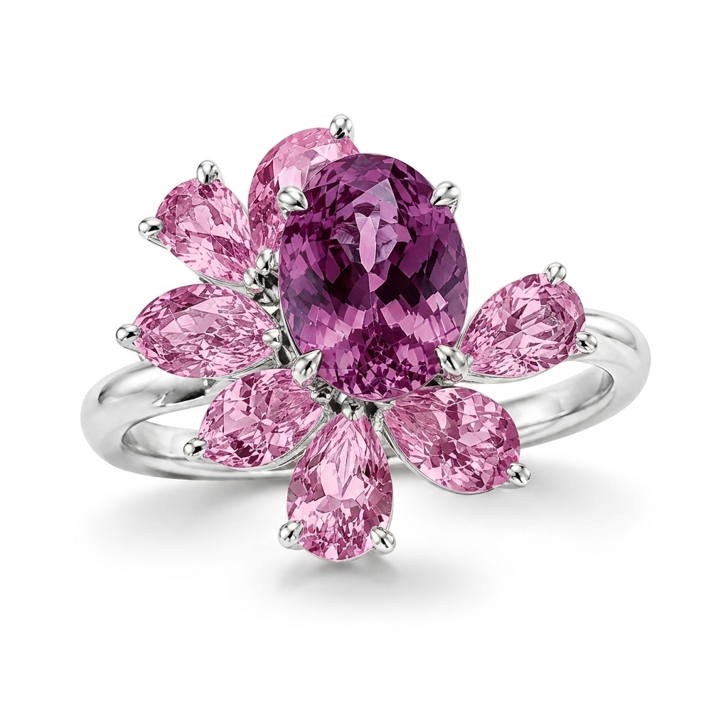 Celeste bespoke gemstone cluster ring with oval centre stone and pear-cut accent gemstones by Syna Jewellery
