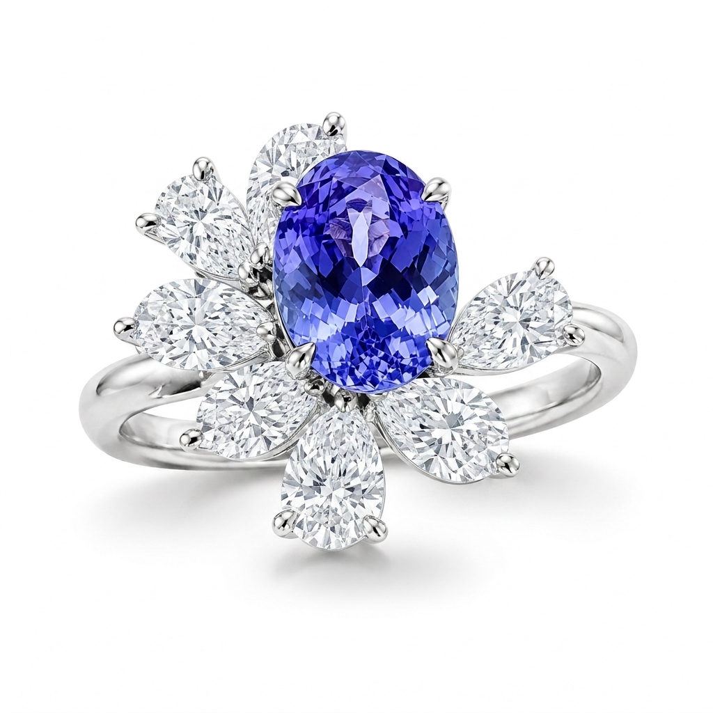 Celeste bespoke gemstone cluster ring with oval centre stone and pear-cut accent gemstones by Syna Jewellery