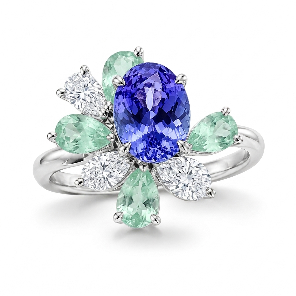 Celeste bespoke gemstone cluster ring with oval centre stone and pear-cut accent gemstones by Syna Jewellery.